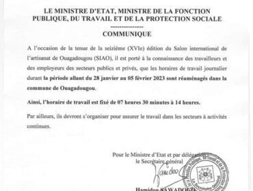 Burkina/SIAO : Réaménagement des Horaires de Travail à Ouagadougou.